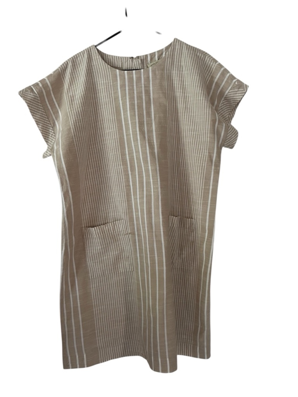 Appleseed's Sz16 Petite Beige, White Vertical Stripe Shift Dress, Pockets